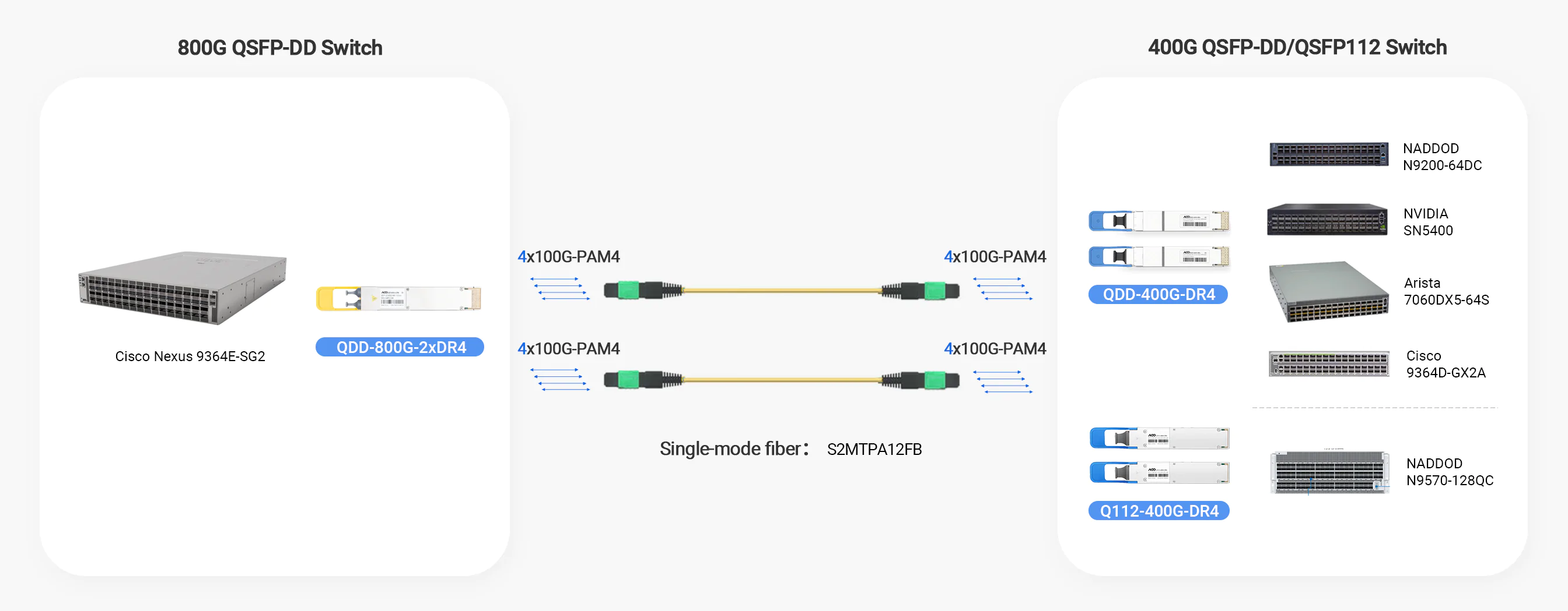 Cisco Nexus 9364E-SG2 switches are paired with QDD-800G-2xDR4 and MTP®-12 (Female) to MTP®-12 (Female) Fibers Type B