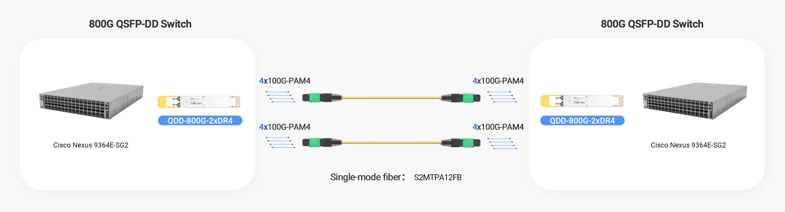 Cisco Nexus 9364E-SG2 switches are paired with QDD-800G-2xDR4 and MTP®-12 (Female) to MTP®-12 (Female) Fibers Type B