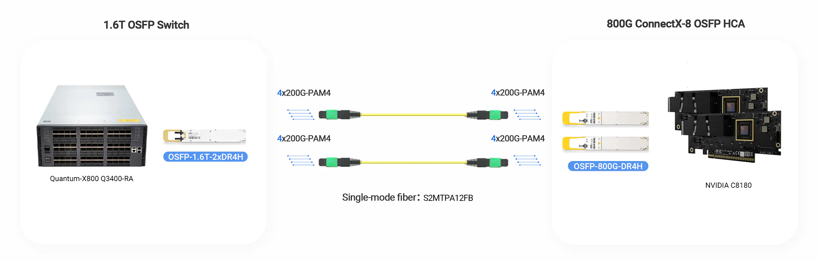 NADDOD IB XDR 800G OSFP DR4 is connected with NVIDIA 800G ConnectX-8 NICs C8180.